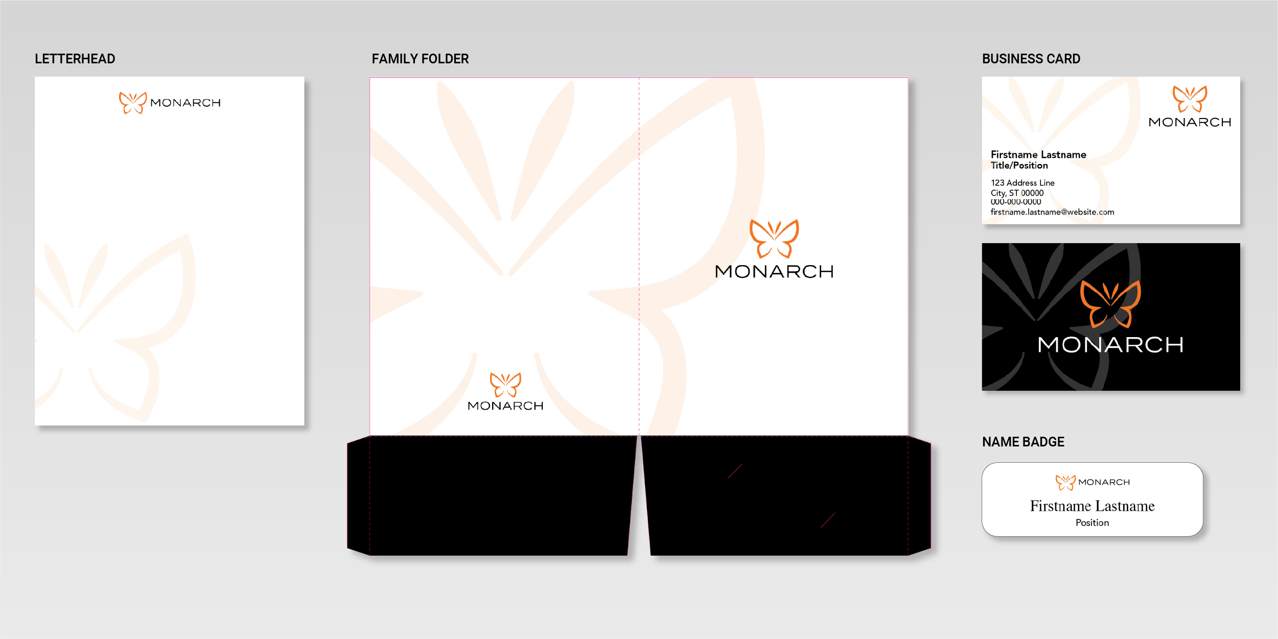 Monarch Collateral Pieces: Letterhead, Folder, Business Card, Name tag